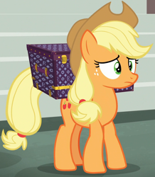 Size: 830x954 | Tagged: safe, screencap, character:applejack, species:earth pony, species:pony, episode:made in manehattan, g4, my little pony: friendship is magic, box, cropped, female, mare, scared, solo