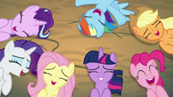 Size: 1280x720 | Tagged: safe, screencap, character:applejack, character:fluttershy, character:pinkie pie, character:rainbow dash, character:rarity, character:spike, character:starlight glimmer, character:twilight sparkle, character:twilight sparkle (alicorn), species:alicorn, species:earth pony, species:pegasus, species:pony, species:unicorn, episode:the mean 6, g4, my little pony: friendship is magic, alternate mane seven, cute, dashabetes, diapinkes, eyes closed, female, glimmerbetes, jackabetes, laughing, laughingmares.jpg, mane seven, mane six, mare, on back, raribetes, shyabetes, smiling, twiabetes