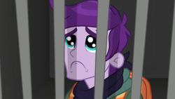 Size: 1280x720 | Tagged: safe, screencap, episode:super squad goals, g4, my little pony:equestria girls, background human, cute, jail, jewelry thief (character), male, prison bars, puppy dog eyes, sad, solo, the slammer, thief, woobie