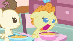Size: 1366x768 | Tagged: safe, screencap, character:pound cake, character:pumpkin cake, species:pegasus, species:pony, species:unicorn, episode:baby cakes, g4, my little pony: friendship is magic, baby, baby pony, bow, cute, foal, food, funny face, hair bow, hub logo, open mouth