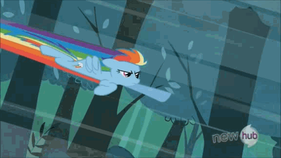 Size: 576x324 | Tagged: safe, screencap, character:apple bloom, character:applejack, character:rainbow dash, character:rarity, character:scootaloo, character:sweetie belle, species:pegasus, species:pony, episode:sleepless in ponyville, g4, my little pony: friendship is magic, animated, badass, dynamic entry, hub logo, kick, kicking, lumber