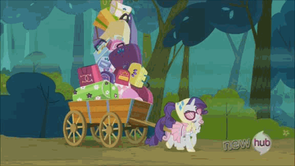 Size: 576x324 | Tagged: safe, screencap, character:applejack, character:rarity, character:sweetie belle, episode:sleepless in ponyville, g4, my little pony: friendship is magic, animated, camping outfit, gif, glasses, hub logo, luggage, sweetiebuse, trio, wagon