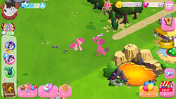 Size: 1280x720 | Tagged: safe, gameloft, screencap, character:baff, character:pinkie pie, character:pipsqueak, character:queen chrysalis, character:spike, character:truffle shuffle, character:twilight sparkle, species:dragon, species:earth pony, species:pony, ballista, dragoness, female, game screencap, gem, lava, lava pool, mare, pink