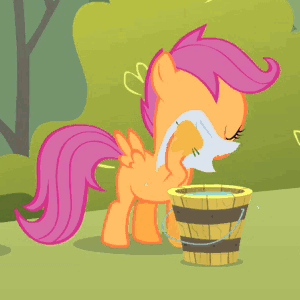 Size: 300x300 | Tagged: safe, screencap, character:scootaloo, species:pegasus, species:pony, episode:the cutie mark chronicles, g4, my little pony: friendship is magic, animated, bucket, cropped, eyes closed, solo, tree sap, washing