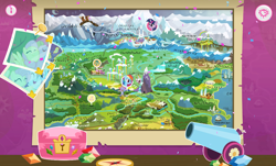 Size: 1192x720 | Tagged: safe, screencap, character:fluttershy, character:pinkie pie, character:rainbow dash, character:rarity, character:twilight sparkle, cute, friendship celebration, hasbro, hug, map of equestria, photo, picture, smiling