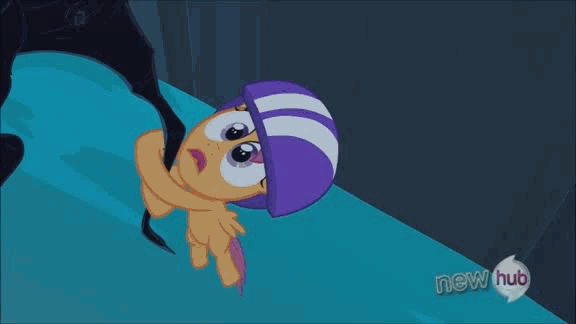 Size: 576x324 | Tagged: safe, screencap, character:scootaloo, species:pegasus, species:pony, episode:sleepless in ponyville, g4, my little pony: friendship is magic, animated, falling, helmet, hub logo, open mouth, sad, scooter