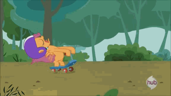 Size: 576x324 | Tagged: safe, screencap, character:scootaloo, species:pegasus, species:pony, episode:sleepless in ponyville, g4, my little pony: friendship is magic, alligator, animated, helmet, hub logo, pitfall, scooter