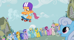 Size: 1364x736 | Tagged: safe, screencap, character:berry punch, character:berryshine, character:carrot top, character:cloud kicker, character:daisy, character:derpy hooves, character:golden harvest, character:lemon hearts, character:linky, character:minuette, character:sassaflash, character:scootaloo, character:sea swirl, character:shoeshine, character:twinkleshine, character:white lightning, species:earth pony, species:pegasus, species:pony, species:unicorn, episode:the show stoppers, g4, my little pony: friendship is magic, background pony, crowd, female, hub logo, hubble, mare, raised hoof, scooter, spread wings, wings