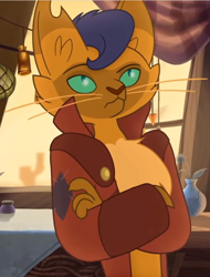 Size: 610x803 | Tagged: safe, screencap, character:capper dapperpaws, species:abyssinian, species:anthro, my little pony: the movie (2017), capper is not amused, cat, clothing, coat, cropped, crossed arms, looking up, male, solo, unamused, whiskers