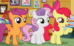 Size: 1673x1046 | Tagged: safe, screencap, character:apple bloom, character:babs seed, character:cheerilee, character:chipcutter, character:featherweight, character:scootaloo, character:shady daze, character:sweetie belle, species:pegasus, species:pony, episode:forever filly, g4, my little pony: friendship is magic, apple bloom's bow, bow, cutie mark crusaders, female, filly, hair bow