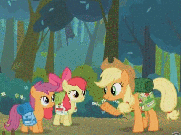 Size: 611x456 | Tagged: safe, screencap, character:apple bloom, character:applejack, character:scootaloo, species:earth pony, species:pegasus, species:pony, episode:sleepless in ponyville, g4, my little pony: friendship is magic, animated, bug spray, canteen, flipping, forest, tree, trio