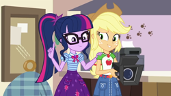 Size: 1280x720 | Tagged: safe, screencap, character:applejack, character:twilight sparkle, character:twilight sparkle (scitwi), species:eqg human, episode:outtakes, g4, my little pony:equestria girls, camera, duo, female, paw prints