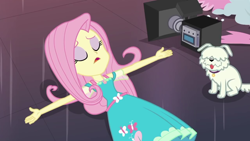 Size: 1280x720 | Tagged: safe, screencap, character:fluttershy, species:dog, episode:outtakes, g4, my little pony:equestria girls, camera, clothing, dress, eyes closed, eyeshadow, lying down, makeup, pup-pup