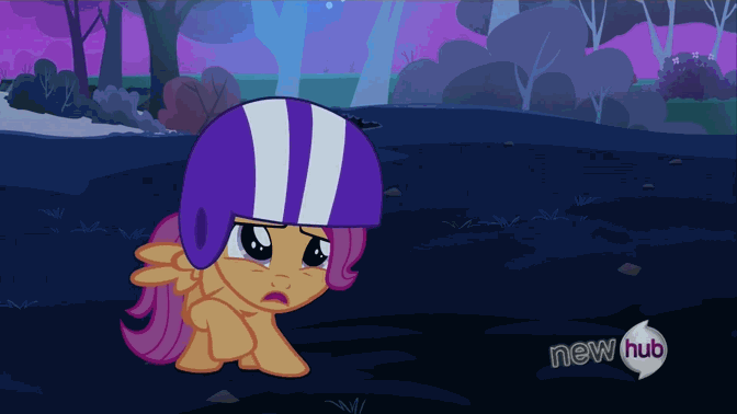 Size: 672x378 | Tagged: safe, screencap, character:scootaloo, species:pegasus, species:pony, episode:sleepless in ponyville, g4, my little pony: friendship is magic, animated, helmet, hub logo, scared