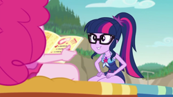 Size: 1280x720 | Tagged: safe, screencap, character:pinkie pie, character:twilight sparkle, character:twilight sparkle (scitwi), species:eqg human, episode:friendship math, g4, my little pony:equestria girls, beach, beach chair, clothing, coach, magazine, schrödinger's pantsu, swimsuit