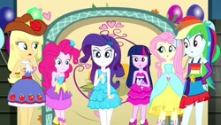 Size: 1280x720 | Tagged: safe, screencap, character:applejack, character:fluttershy, character:pinkie pie, character:rainbow dash, character:rarity, character:twilight sparkle, episode:a photo booth story, eqg summertime shorts, g4, my little pony:equestria girls, fall formal outfits, flower, humane five, humane six, rose