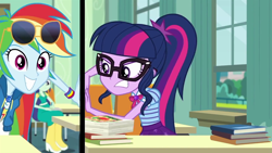 Size: 1280x720 | Tagged: safe, screencap, character:blueberry cake, character:rainbow dash, character:twilight sparkle, character:twilight sparkle (scitwi), species:eqg human, episode:the last day of school, g4, my little pony:equestria girls, blueberry cake, breaking the fourth wall, fourth wall, geode of super speed, geode of telekinesis, magical geodes