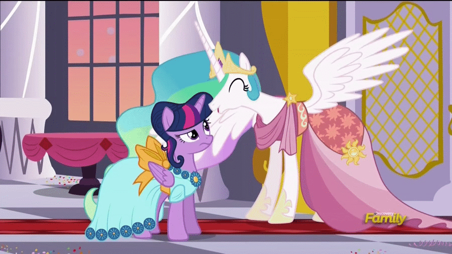 Size: 900x506 | Tagged: safe, screencap, character:princess celestia, character:twilight sparkle, character:twilight sparkle (alicorn), species:alicorn, species:pony, episode:make new friends but keep discord, g4, my little pony: friendship is magic, alternate hairstyle, canterlot castle, clothing, confused, crown, dress, ethereal mane, eyes closed, female, flowing mane, folded wings, gala dress, hair bun, having fun, hoof shoes, jewelry, mare, multicolored hair, necklace, raised eyebrow, regalia, sillestia, silly, spread wings, talking, wings