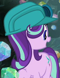 Size: 830x1074 | Tagged: safe, screencap, character:starlight glimmer, species:pony, species:unicorn, episode:rock solid friendship, g4, my little pony: friendship is magic, cave, cropped, helmet, looking back, mining helmet, solo