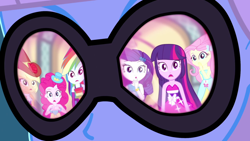 Size: 1280x720 | Tagged: safe, screencap, character:applejack, character:fluttershy, character:photo finish, character:pinkie pie, character:rainbow dash, character:rarity, character:twilight sparkle, episode:a photo booth story, eqg summertime shorts, g4, my little pony:equestria girls, mane six, reflection