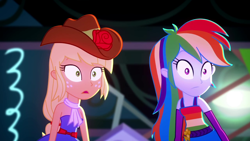 Size: 1280x720 | Tagged: safe, screencap, character:applejack, character:rainbow dash, episode:raise this roof, eqg summertime shorts, g4, my little pony:equestria girls, blushing, clothing, fall formal outfits, surprised