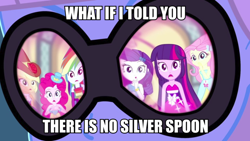 Size: 1078x608 | Tagged: safe, screencap, character:applejack, character:fluttershy, character:photo finish, character:pinkie pie, character:rainbow dash, character:rarity, character:twilight sparkle, episode:a photo booth story, eqg summertime shorts, g4, my little pony:equestria girls, image macro, implied silver spoon, mane six, meme, morpheus, reflection, the matrix, what if i told you