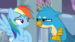 Size: 1280x720 | Tagged: safe, screencap, character:gallus, character:rainbow dash, species:griffon, species:pegasus, species:pony, episode:school daze, g4, my little pony: friendship is magic, duo, flying, hoof on chest, lidded eyes, narrowed eyes, school of friendship, smiling, student, teacher, teacher and student