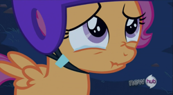 Size: 767x424 | Tagged: safe, screencap, character:scootaloo, species:pegasus, species:pony, episode:sleepless in ponyville, g4, my little pony: friendship is magic, crying, helmet, hub logo, sad, scrunchy face