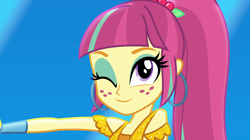 Size: 1912x1072 | Tagged: safe, screencap, character:sour sweet, equestria girls:dance magic, g4, my little pony:equestria girls, close-up, cute, ear piercing, earring, female, freckles, hooped earrings, jewelry, one eye closed, piercing, smiling, solo, sourbetes, wink