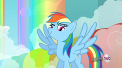 Size: 761x423 | Tagged: safe, screencap, character:rainbow dash, episode:sleepless in ponyville, g4, my little pony: friendship is magic, hub logo, rainbow, rainbow waterfall, solo, spread wings, wings