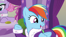 Size: 1280x720 | Tagged: safe, screencap, character:lavender essence, character:rainbow dash, species:pegasus, species:pony, episode:applejack's day off, bathrobe, clothing, cute, dashabetes, female, happy, mare, open mouth, robe, smiling, solo focus, spread wings, wings