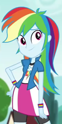 Size: 314x629 | Tagged: safe, screencap, character:rainbow dash, my little pony:equestria girls, clothing, compression shorts, cropped, cute, female, looking at you, multicolored hair, shorts, skirt