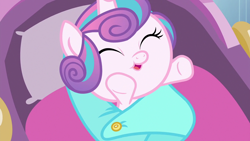 Size: 1280x720 | Tagged: safe, screencap, character:princess flurry heart, species:pony, episode:the times they are a changeling, g4, my little pony: friendship is magic, adorable face, baby, baby blanket, baby pony, blanket, cradle, cuddly, cute, cuteness overload, cutest pony alive, cutest pony ever, dawwww, flurrybetes, hnnng, pillow, reaching, reaching out, safety pin, solo, swaddling, weapons-grade cute