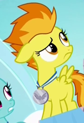 Size: 366x533 | Tagged: safe, screencap, character:fleetfoot, character:spitfire, species:pegasus, species:pony, episode:parental glideance, g4, my little pony: friendship is magic, confused, cropped, cute, cutefire, female, filly, filly spitfire, flashback, floppy ears, foal, frown, looking up, medal, obscured face, raised eyebrow, silver medal, solo focus, spread wings, wings, younger