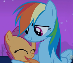 Size: 1031x894 | Tagged: safe, screencap, character:rainbow dash, character:scootaloo, species:pegasus, species:pony, episode:sleepless in ponyville, g4, my little pony: friendship is magic, happy, hub logo, hug, scootalove, winghug
