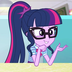Size: 586x587 | Tagged: safe, screencap, character:twilight sparkle, character:twilight sparkle (scitwi), species:eqg human, episode:pinkie pie: snack psychic, g4, my little pony:equestria girls, bow tie, cropped, female, glasses, grin, ponytail, smiling, solo, table