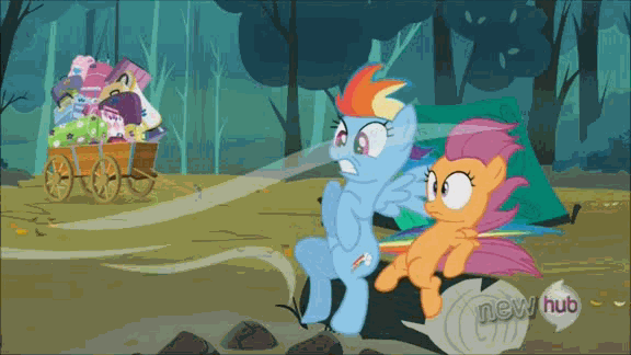 Size: 576x324 | Tagged: safe, screencap, character:rainbow dash, character:scootaloo, species:pegasus, species:pony, episode:sleepless in ponyville, g4, my little pony: friendship is magic, animated, female, filly, hub logo, mare, maxell, sitting, wide eyes
