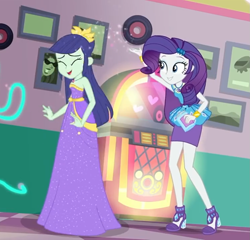 Size: 1123x1079 | Tagged: safe, screencap, character:blueberry cake, character:rarity, episode:pinkie pie: snack psychic, g4, my little pony:equestria girls, background human, blueberry cake, clothing, cropped, dress, eyes closed, female, high heels, shoes, skirt, smiling, sparkles