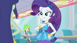 Size: 1920x1080 | Tagged: safe, screencap, character:blueberry cake, character:cherry crash, character:rarity, episode:pinkie pie: snack psychic, g4, my little pony:equestria girls, background human, blueberry cake, bracelet, cherry crash, female, jewelry, smiling