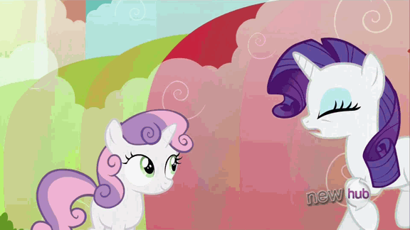 Size: 576x324 | Tagged: safe, screencap, character:rarity, character:sweetie belle, species:pony, species:unicorn, episode:sleepless in ponyville, g4, my little pony: friendship is magic, animated, duo, female, filly, foal, galloping, hoofy-kicks, hub logo, mare, rainbow waterfall, rearing, sisters, trotting, winsome falls