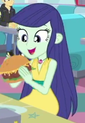 Size: 225x325 | Tagged: safe, screencap, character:blueberry cake, character:flash sentry, episode:pinkie pie: snack psychic, g4, my little pony:equestria girls, background human, blueberry cake, burger, cropped, female, food, male, sandwich