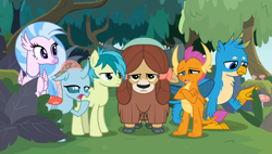 Size: 1532x869 | Tagged: safe, screencap, character:gallus, character:ocellus, character:sandbar, character:silverstream, character:smolder, character:yona, species:changeling, species:classical hippogriff, species:dragon, species:earth pony, species:griffon, species:hippogriff, species:pony, species:reformed changeling, species:yak, episode:non-compete clause, g4, my little pony: friendship is magic, bored, bow, cloven hooves, crossed arms, dragoness, female, floppy ears, forest, frown, hair bow, hoof over mouth, jewelry, lidded eyes, looking at something, looking at you, looking down, looking sideways, male, monkey swings, nature, necklace, raised eyebrow, student six, teenager, yawn