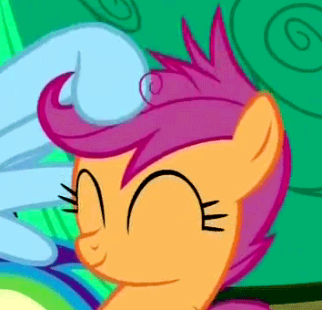 Size: 354x340 | Tagged: safe, screencap, character:rainbow dash, character:scootaloo, species:pegasus, species:pony, episode:sleepless in ponyville, g4, my little pony: friendship is magic, animated, cute, cutealoo, eyes closed, female, filly, mare, noogie, offscreen character, scootalove, solo focus