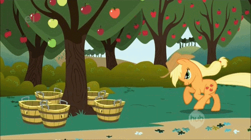 Size: 500x280 | Tagged: safe, screencap, character:applejack, species:earth pony, species:pony, episode:friendship is magic, g4, my little pony: friendship is magic, animated, apple tree, applebucking, basket, female, gif, mare, solo, tree