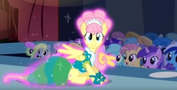 Size: 1440x736 | Tagged: safe, screencap, character:amethyst star, character:candy mane, character:cloud kicker, character:derpy hooves, character:fluttershy, character:lyra heartstrings, character:merry may, character:minuette, character:sparkler, character:twinkleshine, character:white lightning, species:pegasus, species:pony, episode:green isn't your color, g4, my little pony: friendship is magic, alternate hairstyle, body control, catwalk, clothing, cute, dress, fashion show, looking at you, modelshy, sitting, smiling, solo focus, sparkles, surprised