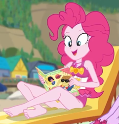 Size: 705x730 | Tagged: safe, screencap, character:feather bangs, character:pinkie pie, episode:friendship math, g4, my little pony:equestria girls, barefoot, clothing, cropped, feet, legs, magazine, soles, solo, swimsuit