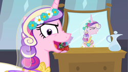 Size: 1280x720 | Tagged: safe, screencap, character:princess cadance, character:queen chrysalis, episode:a canterlot wedding, g4, my little pony: friendship is magic, animation error, clothing, disguise, disguised changeling, dress, evil grin, fake cadance, flower, flower in hair, grin, laughing, mirror, one eye closed, reflection, smiling, this day aria, vase, veil