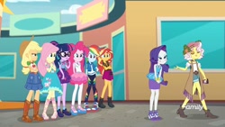 Size: 1280x720 | Tagged: safe, screencap, character:applejack, character:fluttershy, character:pinkie pie, character:rainbow dash, character:rarity, character:sunset shimmer, character:twilight sparkle, character:twilight sparkle (scitwi), character:vignette valencia, species:eqg human, equestria girls:rollercoaster of friendship, g4, my little pony:equestria girls, boots, clothing, converse, feet, gem, geode of empathy, geode of fauna, geode of shielding, geode of sugar bombs, geode of super speed, geode of super strength, geode of telekinesis, glasses, humane five, humane seven, humane six, jacket, magical geodes, ponytail, sandals, shoes, sneakers, vignette valencia