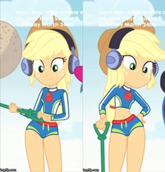 Size: 4088x4256 | Tagged: safe, screencap, character:applejack, episode:lost and found, g4, my little pony:equestria girls, absurd resolution, clothing, cowboy hat, female, freckles, geode of super strength, hat, headphones, hips, metal detector, solo, stetson, swimsuit, thighs
