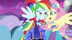 Size: 1920x1080 | Tagged: safe, screencap, character:fluttershy, character:rainbow dash, equestria girls:rollercoaster of friendship, g4, my little pony:equestria girls, ponied up, shipping fuel, teasing